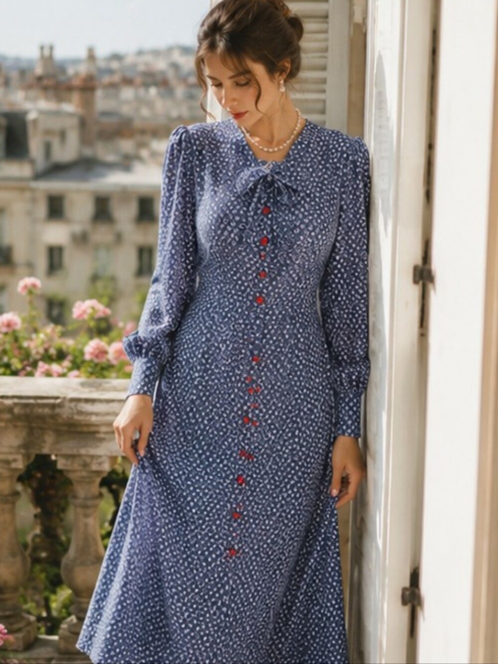 BURU Vintage The Notebook Neck Tie Shirtwaist Dress Ditsy Denim - Picture 1 of 12